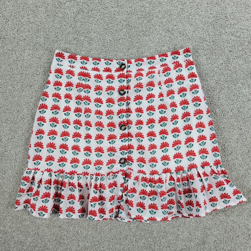 Miami Flower Skirt Womens L White Red Button Front Lined Ruffles Mini Francescas